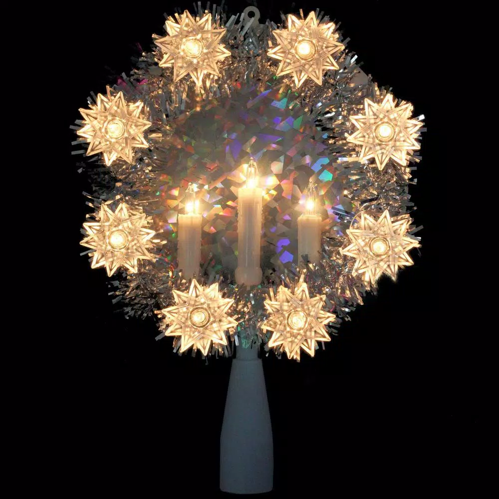 Northlight 7 In. Silver Tinsel Wreath With Candles Christmas Tree Topper – Clear Lights 2 Northlight 7 In. Silver Tinsel Wreath With Candles Christmas Tree Topper – Clear Lights - Image 2