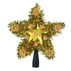 Northlight 7 In. Lighted Gold Tinsel Star Christmas Tree Topper With Clear Lights