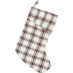 VHC Brands 15 In. 100% Cotton Amory Ivory White Farmhouse Christmas Decor Plaid Stocking