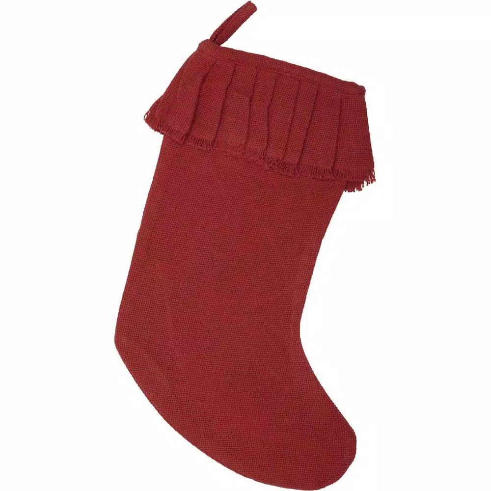 VHC Brands 15 In. 100% Cotton Red Festive Burlap Farmhouse Christmas Decor Ruffled Stocking 1 VHC Brands 15 In. 100% Cotton Red Festive Burlap Farmhouse Christmas Decor Ruffled Stocking