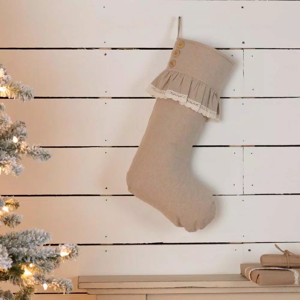 VHC Brands 20 In. Cotton Carol Khaki Tan Farmhouse Christmas Decor Chambray Stocking 3 VHC Brands 20 In. Cotton Carol Khaki Tan Farmhouse Christmas Decor Chambray Stocking - Image 3
