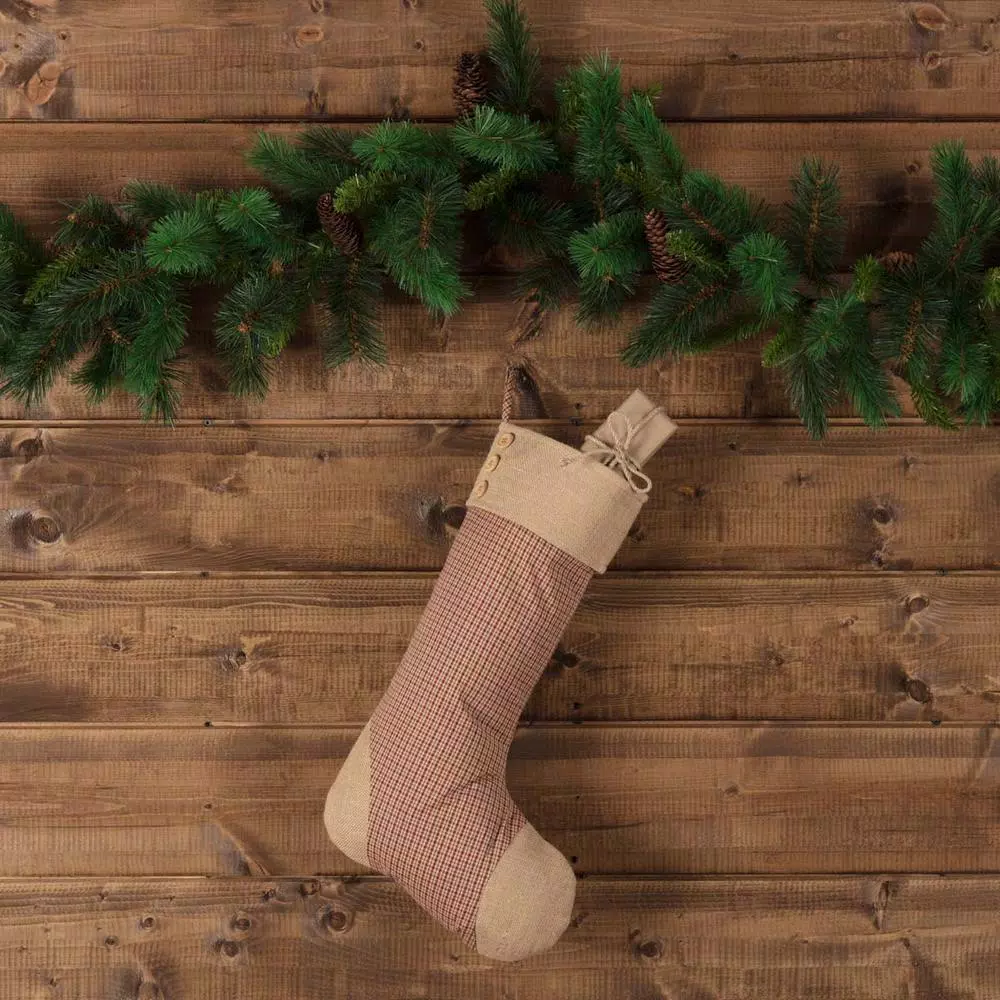 VHC Brands 20 In. Cotton/Jute Clement Deep Red Rustic Christmas Decor Plaid Stocking 3 VHC Brands 20 In. Cotton/Jute Clement Deep Red Rustic Christmas Decor Plaid Stocking - Image 3