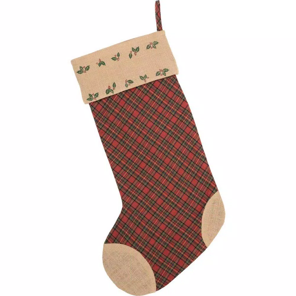 VHC Brands 20 In. Cotton/Jute Jute Burlap Poinsettia Brick Red Rustic Christmas Decor Stocking 2 VHC Brands 20 In. Cotton/Jute Jute Burlap Poinsettia Brick Red Rustic Christmas Decor Stocking - Image 2