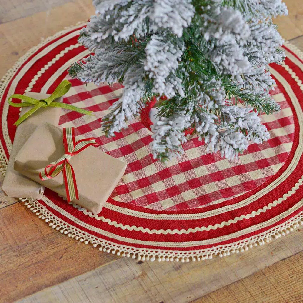 VHC Brands 21 In. Gretchen Cherry Red Farmhouse Christmas Decor Mini Tree Skirt 4 VHC Brands 21 In. Gretchen Cherry Red Farmhouse Christmas Decor Mini Tree Skirt - Image 4