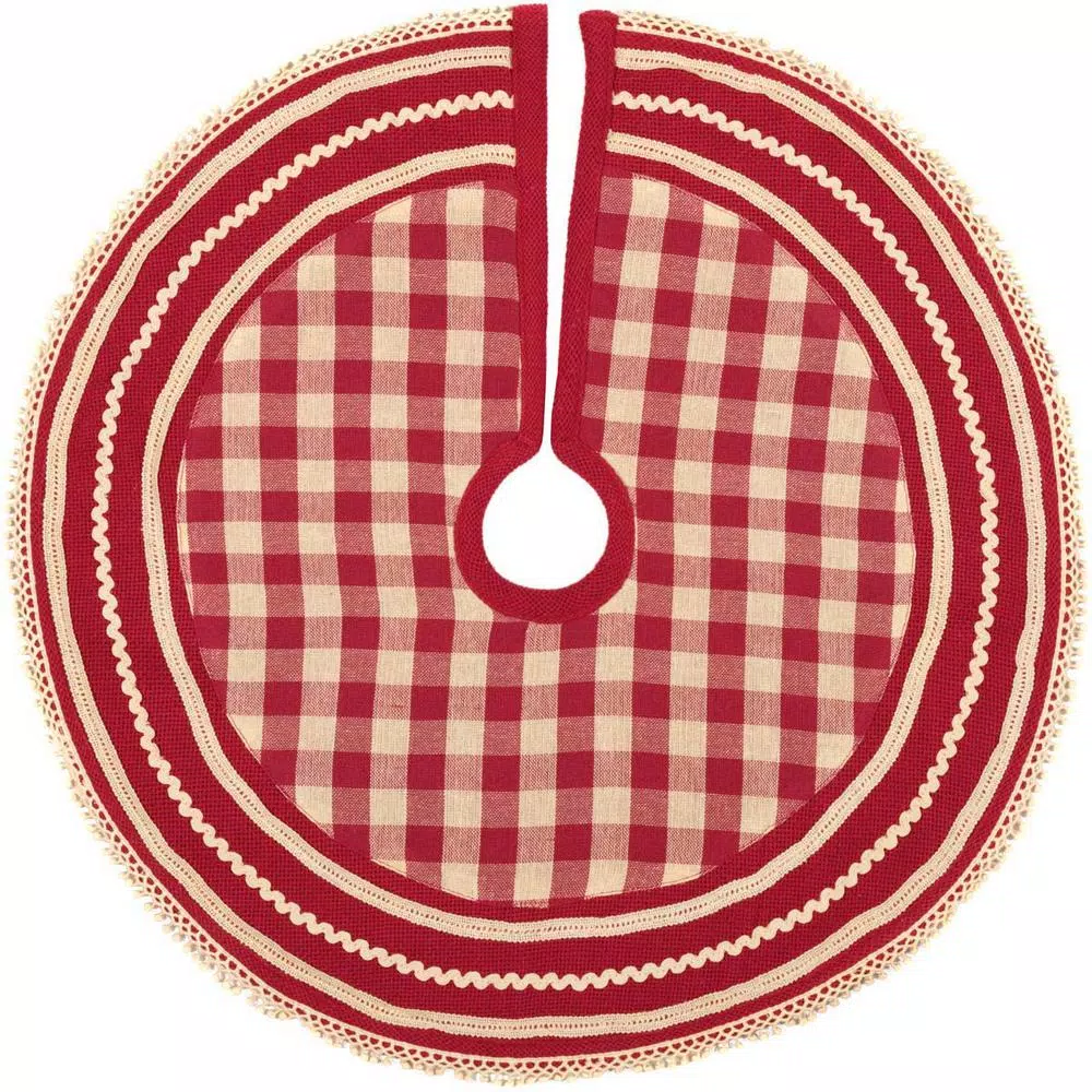 VHC Brands 21 In. Gretchen Cherry Red Farmhouse Christmas Decor Mini Tree Skirt 1 VHC Brands 21 In. Gretchen Cherry Red Farmhouse Christmas Decor Mini Tree Skirt