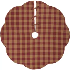 VHC Brands 55 In. Burgundy Check Red Primitive Christmas Decor Scalloped Tree Skirt