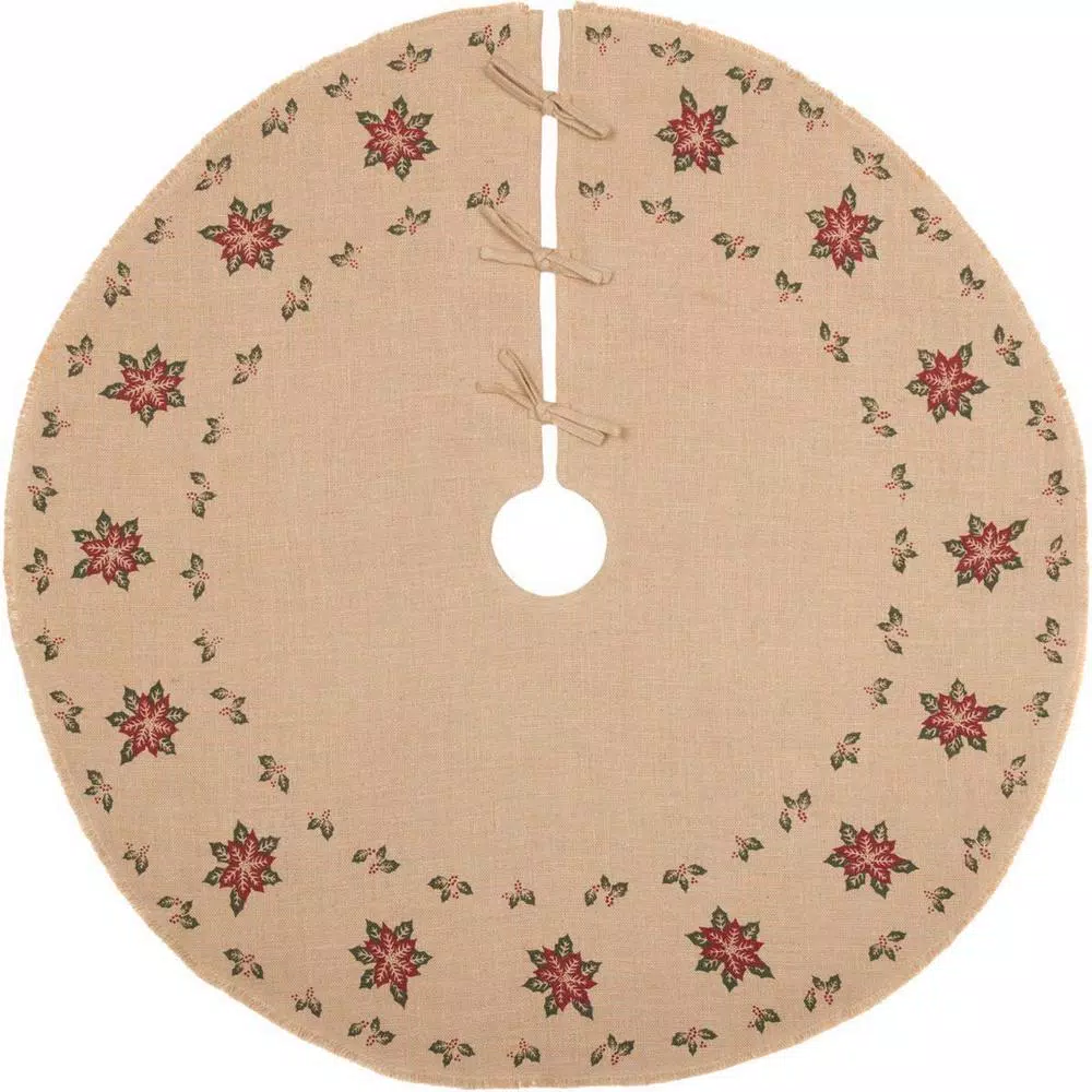 VHC Brands 48 In. Jute Burlap Poinsettia Natural Tan Holiday Decor Tree Skirt 1 VHC Brands 48 In. Jute Burlap Poinsettia Natural Tan Holiday Decor Tree Skirt
